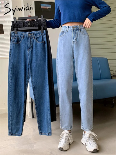 Syiwidii High Waisted Mom Jeans for Women Straight Leg Denim Pants Bottom Vintage Streetwear Y2k Fashion Clothes Blue Black Jean