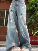 Flower Rabbit Embroidery Pantalones Mujer Ženske traper hlače visokog struka Široke nogavice Ropa Mujer Proljetna Kawaii ženska odjeća