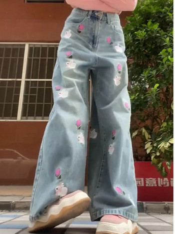 Flower Rabbit Embroidery Pantalones Mujer Дамски дънкови панталони с висока талия Широки крачоли Ropa Mujer Пролетни Kawaii дамски дрехи