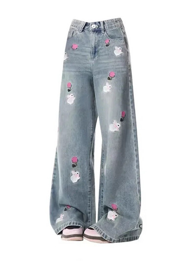 Flower Rabbit Embroidery Pantalones Mujer Ženske traper hlače visokog struka Široke nogavice Ropa Mujer Proljetna Kawaii ženska odjeća
