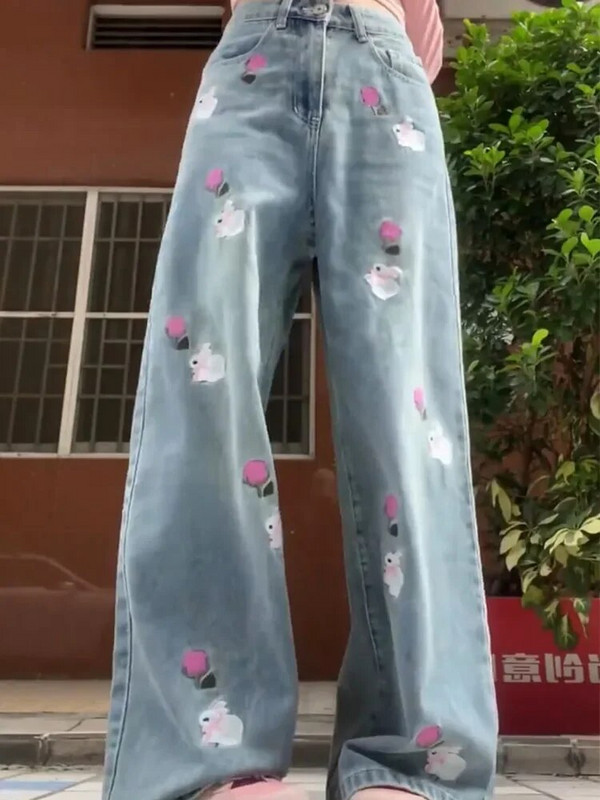 Flower Rabbit Embroidery Pantalones Mujer Ženske traper hlače visokog struka Široke nogavice Ropa Mujer Proljetna Kawaii ženska odjeća