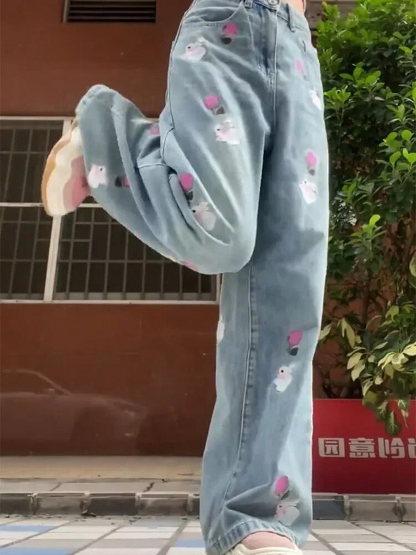 Flower Rabbit Embroidery Pantalones Mujer Ženske traper hlače visokog struka Široke nogavice Ropa Mujer Proljetna Kawaii ženska odjeća