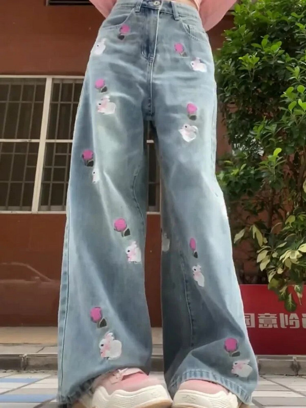 Flower Rabbit Embroidery Pantalones Mujer Ženske traper hlače visokog struka Široke nogavice Ropa Mujer Proljetna Kawaii ženska odjeća