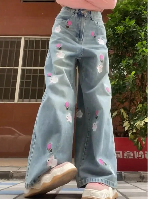 Flower Rabbit Embroidery Pantalones Mujer Ženske traper hlače visokog struka Široke nogavice Ropa Mujer Proljetna Kawaii ženska odjeća