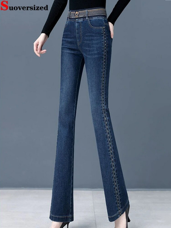 Vintage High Waist Flare Jeans Spring Denim Παντελόνι Εκτύπωση Pantalones Femme Μεγάλο μέγεθος 75kg Stretch Vaqueros Casual Skinny Hose