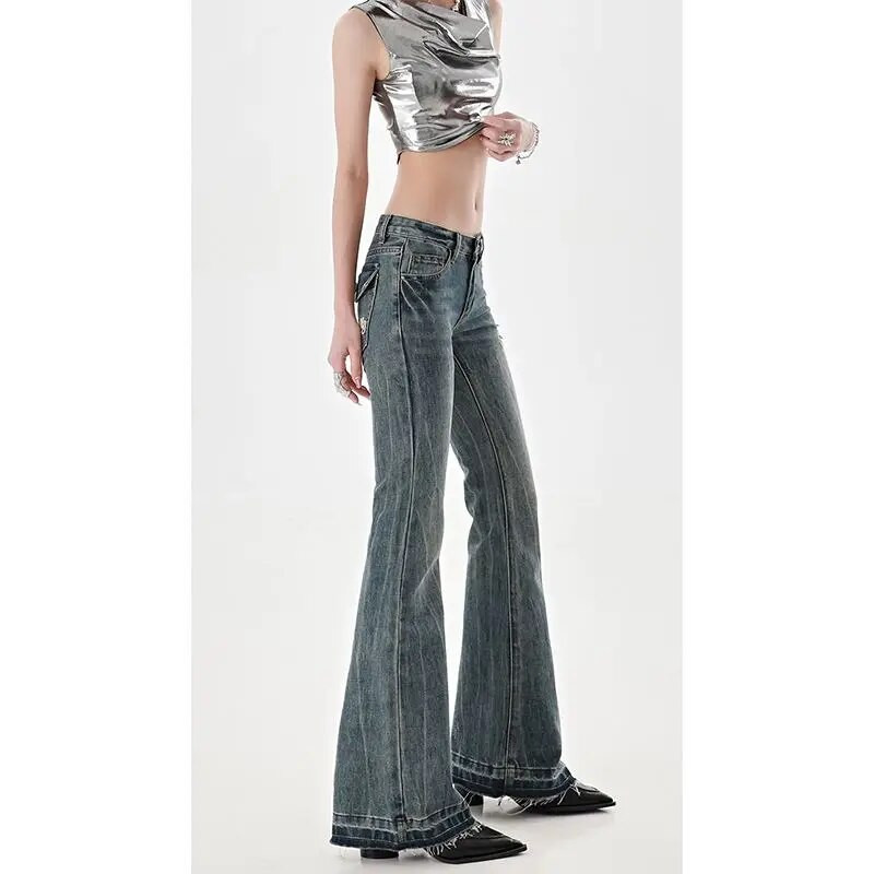 American High Street Spicy Girls traperice niskog struka Ženske jesenske vintage Y2K Design Sense Slim Kroj ravne hlače s širokim cijepanjem