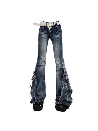 American Retro Y2K Flare Teksad Kriimustatud õhukesed püksid naiste mood Gyaru Denim püksid Raw Edge püksid Hip Hop High Street