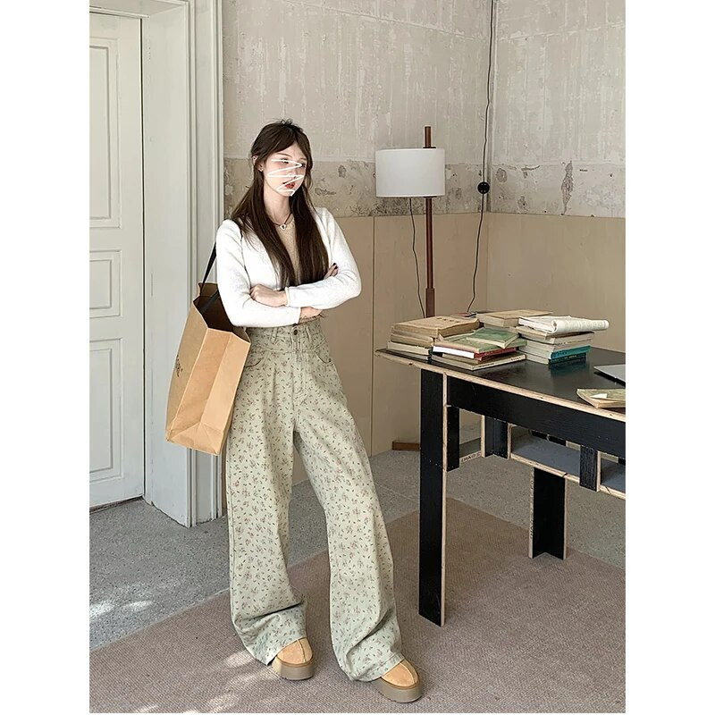 Πράσινο γυναικείο τζιν Vintage ψηλόμεσο κομψό αμερικανική μόδα Y2K Streetwear με φαρδύ πόδι Jean γυναικείο παντελόνι εκτύπωσης φαρδύ τζιν παντελόνι