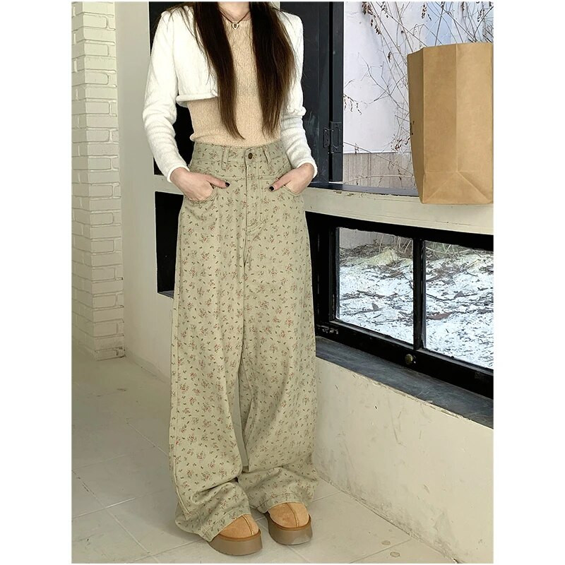 Πράσινο γυναικείο τζιν Vintage ψηλόμεσο κομψό αμερικανική μόδα Y2K Streetwear με φαρδύ πόδι Jean γυναικείο παντελόνι εκτύπωσης φαρδύ τζιν παντελόνι