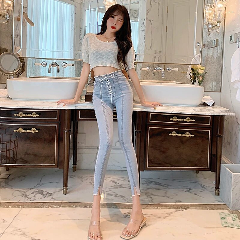 Farmer, női, 2021. nyár, új, világos színű, magas derekú, vékony, sztreccs, kilencpontos nadrágok, feszes ceruzanadrágok, trend