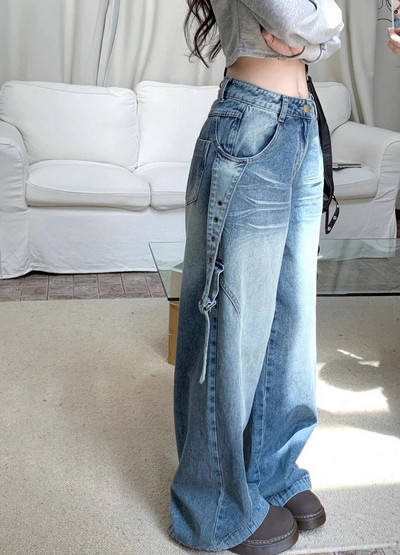 Amerikietiški Retro skalbti džinsai Moteriški nauji korėjietiško stiliaus High Street Baggy Drape aukštu juosmeniu mados Harajuku stiliaus Y2K tiesios kelnės