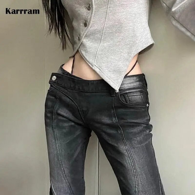Karrram Vintage traperice s niskim strukom, grunge traper hlače s asimetričnim strukom, korejske modne crne traperice s rasklimanim trapericama Kpop ulična odjeća