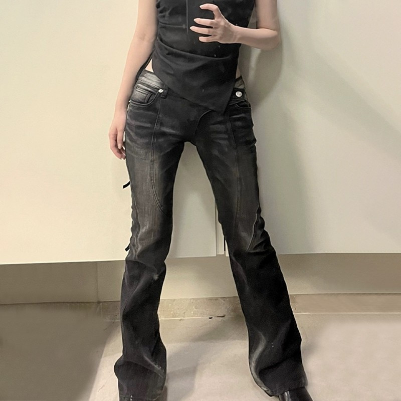 Karrram Vintage traperice s niskim strukom, grunge traper hlače s asimetričnim strukom, korejske modne crne traperice s rasklimanim trapericama Kpop ulična odjeća