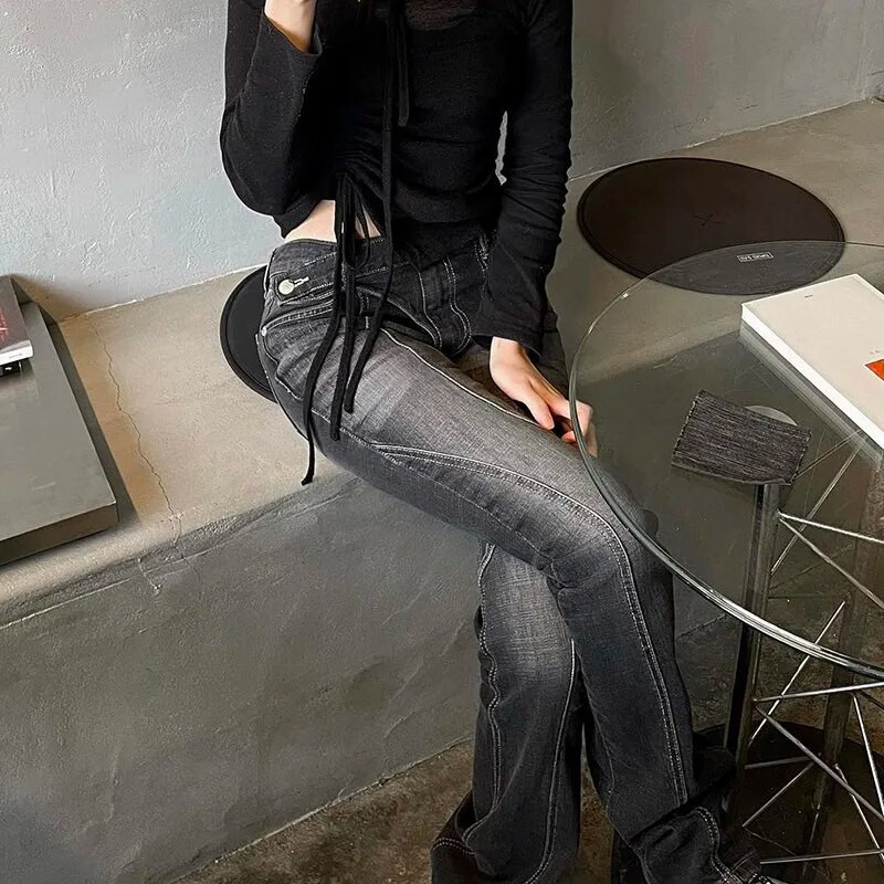 Karrram Vintage traperice s niskim strukom, grunge traper hlače s asimetričnim strukom, korejske modne crne traperice s rasklimanim trapericama Kpop ulična odjeća