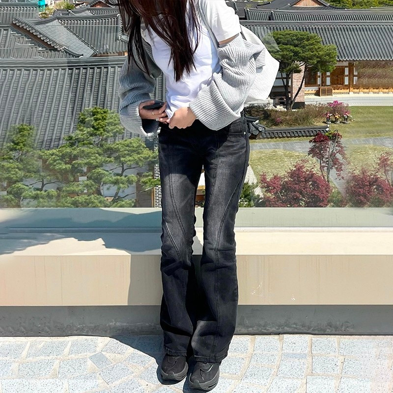 Karrram Vintage traperice s niskim strukom, grunge traper hlače s asimetričnim strukom, korejske modne crne traperice s rasklimanim trapericama Kpop ulična odjeća