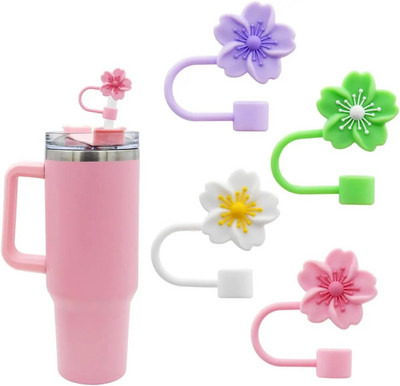 4 vnt gėlių silikoninis šiaudų dangtelis, skirtas Stanley puodeliui, šiaudų antgalis 10 mm 0,4 colio dulkėms atsparus daugkartinio naudojimo šiaudų antgalių dangtelis, šiaudų antgalių dangtelis