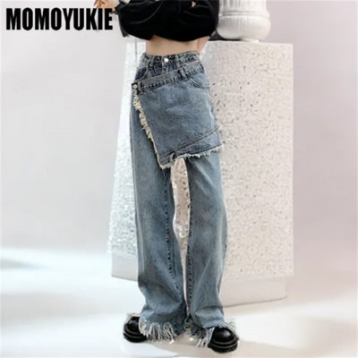 Femei Harajuku y2k Îmbrăcăminte falsă din două piese, stil blugi, pantaloni din denim, ciucuri, drepte, pantaloni lungi Street Design Sense