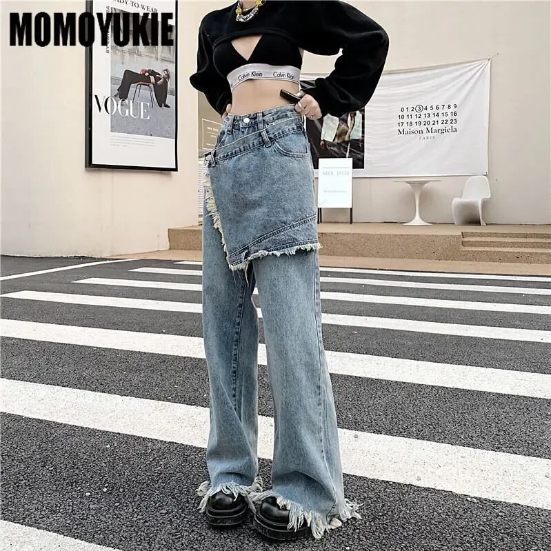 Ženska Harajuku y2k Clothing Lažna dvodijelna traperica u stilu suknje Traper hlače Burr Ravne duge hlače s resicama Smisao uličnog dizajna