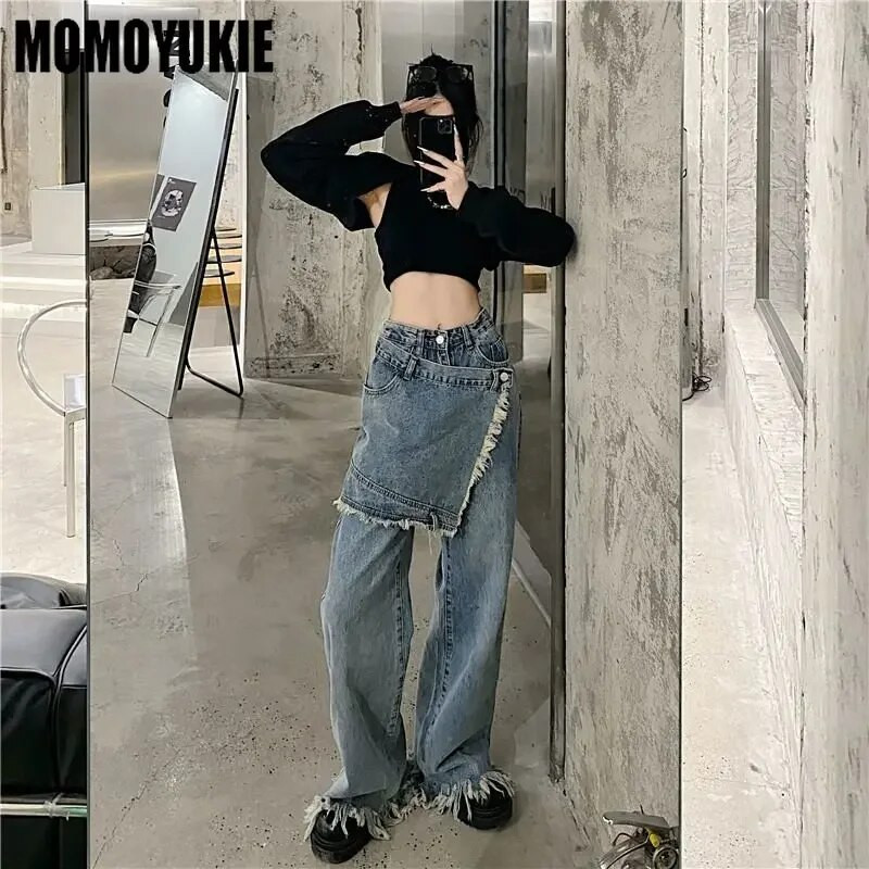 Ženska Harajuku y2k Clothing Lažna dvodijelna traperica u stilu suknje Traper hlače Burr Ravne duge hlače s resicama Smisao uličnog dizajna