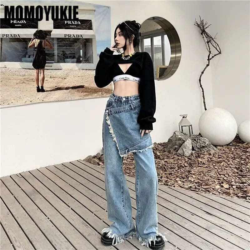 Ženska Harajuku y2k Clothing Lažna dvodijelna traperica u stilu suknje Traper hlače Burr Ravne duge hlače s resicama Smisao uličnog dizajna