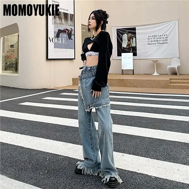 Ženska Harajuku y2k Clothing Lažna dvodijelna traperica u stilu suknje Traper hlače Burr Ravne duge hlače s resicama Smisao uličnog dizajna