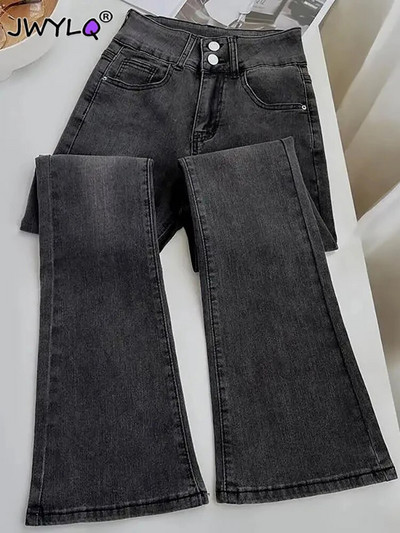Blugi cu talie înaltă cu cataramă dublă, cu clopoței, moda coreeană, subțiri, îmbrăcăminte de stradă, pantaloni din denim, primăvară, toamnă, spălați, blugi pentru femei