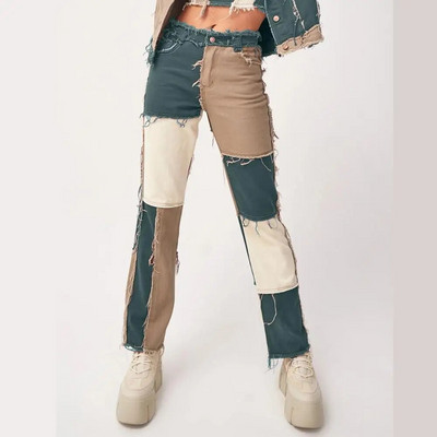Raznobojne patchwork ženske ravne uske traperice Vintage Boyfriend traper visokog struka Ozlakivani ulični traper Ženske traper hlače