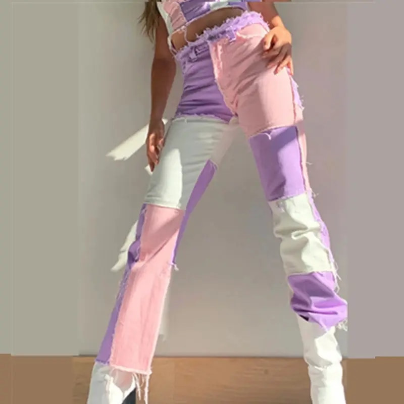 Raznobojne patchwork ženske ravne uske traperice Vintage Boyfriend traper visokog struka Ozlakivani ulični traper Ženske traper hlače