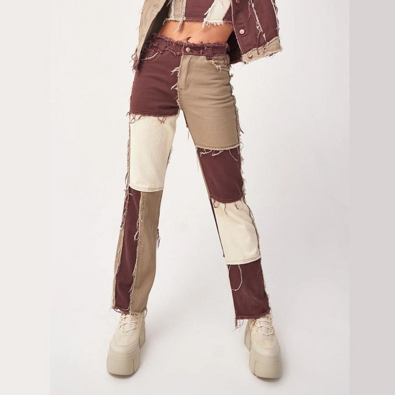 Raznobojne patchwork ženske ravne uske traperice Vintage Boyfriend traper visokog struka Ozlakivani ulični traper Ženske traper hlače