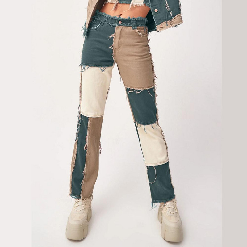 Raznobojne patchwork ženske ravne uske traperice Vintage Boyfriend traper visokog struka Ozlakivani ulični traper Ženske traper hlače