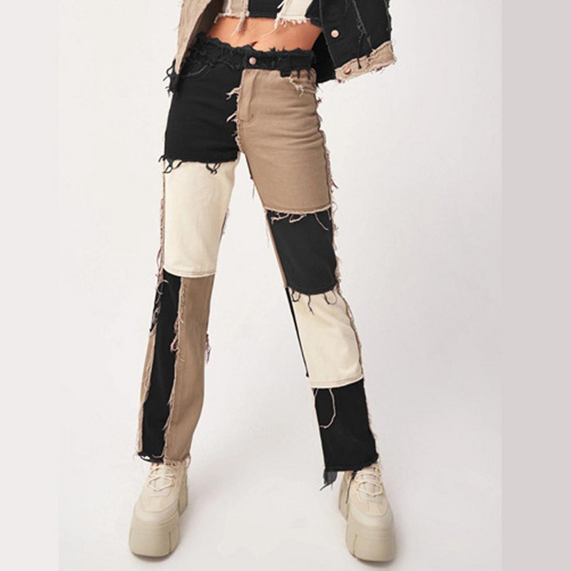 Raznobojne patchwork ženske ravne uske traperice Vintage Boyfriend traper visokog struka Ozlakivani ulični traper Ženske traper hlače