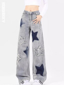 Plave ženske traperice visokog struka, američka ulična odjeća sa zvijezdama, Y2K stil, šik široke traperice, ženske široke traper hlače