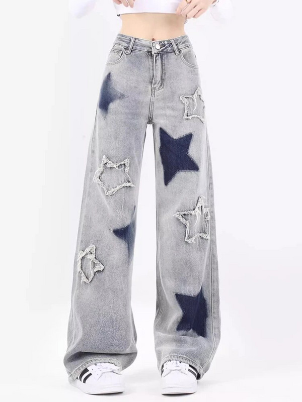 Plave ženske traperice visokog struka, američka ulična odjeća sa zvijezdama, Y2K stil, šik široke traperice, ženske široke traper hlače