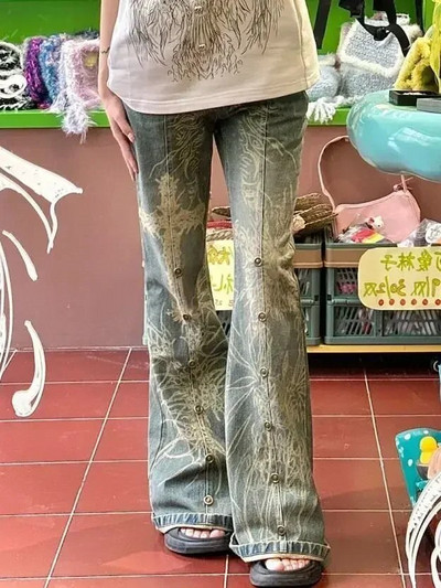 Amerikai vintage magas derekú High Street stílusú kék egyenes farmer nadrág Női széles szárú nyomattáska táskás Y2K retro farmer nadrág