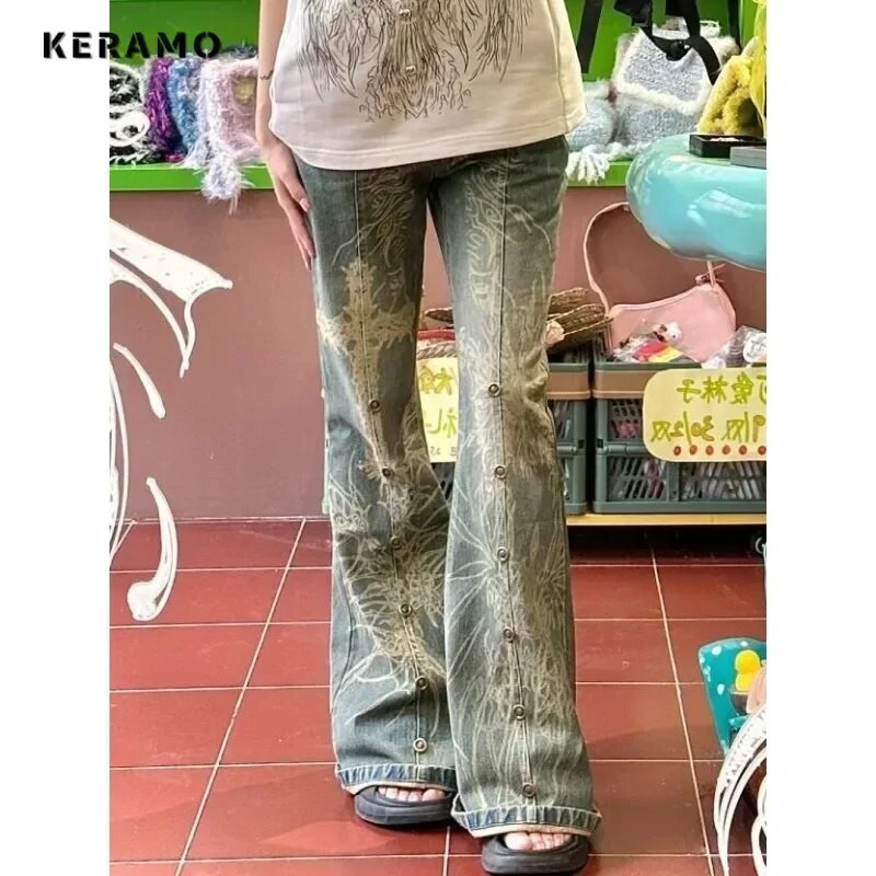 Amerikai vintage magas derekú High Street stílusú kék egyenes farmer nadrág Női széles szárú nyomattáska táskás Y2K retro farmer nadrág