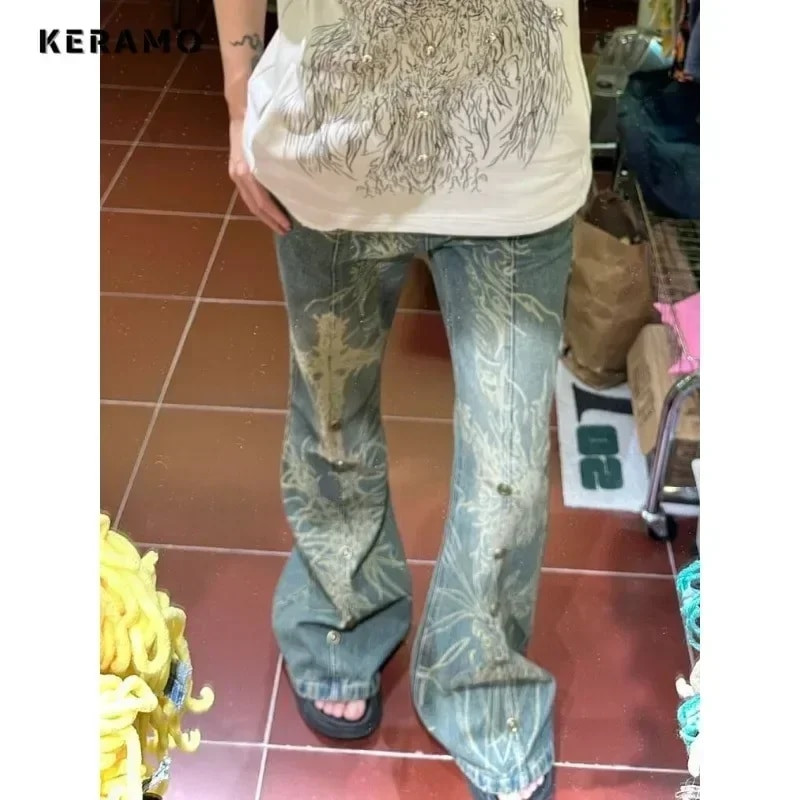 Amerikai vintage magas derekú High Street stílusú kék egyenes farmer nadrág Női széles szárú nyomattáska táskás Y2K retro farmer nadrág
