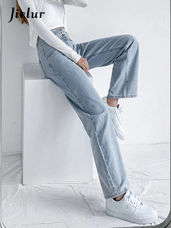 Jielur Blue Vintage Γυναικεία Τζιν ψηλόμεση ίσια βαμβακερή φαρδιά τζιν παντελόνι 90S Aesthetic Urban Fashion Baggy