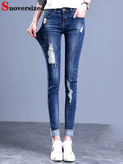 Hole Skinny Pencil Jeans visokog struka Korejski Streetwear Stretch Manžete Traper Hlače Proljeće Jesen Vintage Do gležnja Kot Pantolon