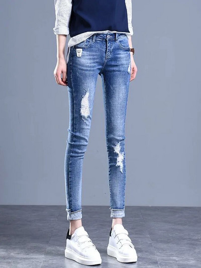 Hole Skinny Pencil Jeans visokog struka Korejski Streetwear Stretch Manžete Traper Hlače Proljeće Jesen Vintage Do gležnja Kot Pantolon