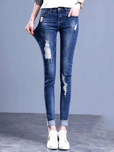 Hole Skinny Pencil Jeans visokog struka Korejski Streetwear Stretch Manžete Traper Hlače Proljeće Jesen Vintage Do gležnja Kot Pantolon