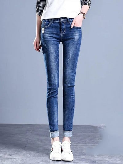 Hole Skinny Pencil Jeans visokog struka Korejski Streetwear Stretch Manžete Traper Hlače Proljeće Jesen Vintage Do gležnja Kot Pantolon