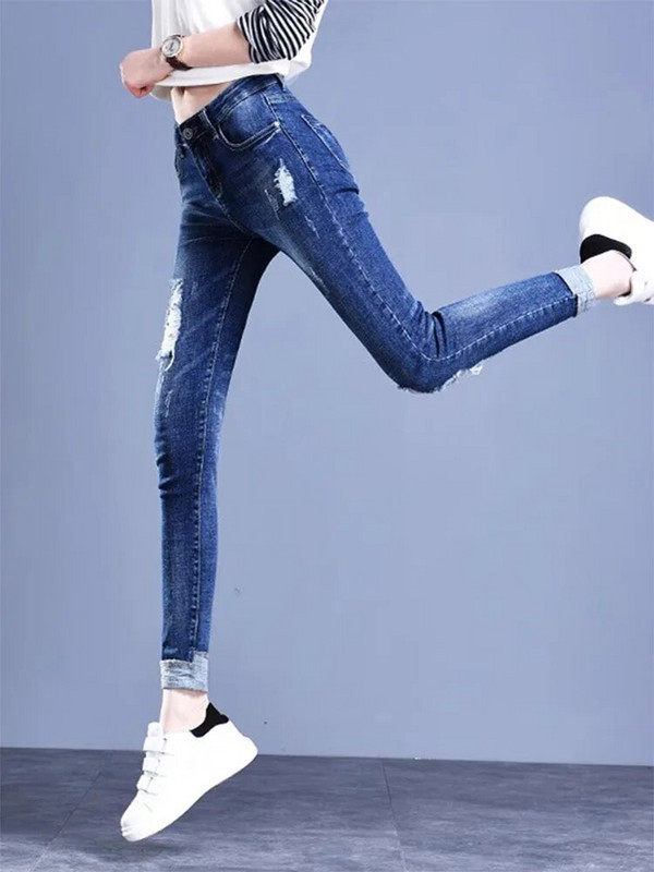 Hole Skinny Pencil Jeans visokog struka Korejski Streetwear Stretch Manžete Traper Hlače Proljeće Jesen Vintage Do gležnja Kot Pantolon