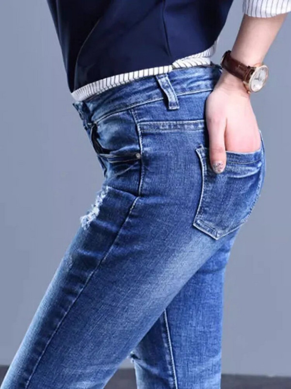 Hole Skinny Pencil Jeans visokog struka Korejski Streetwear Stretch Manžete Traper Hlače Proljeće Jesen Vintage Do gležnja Kot Pantolon