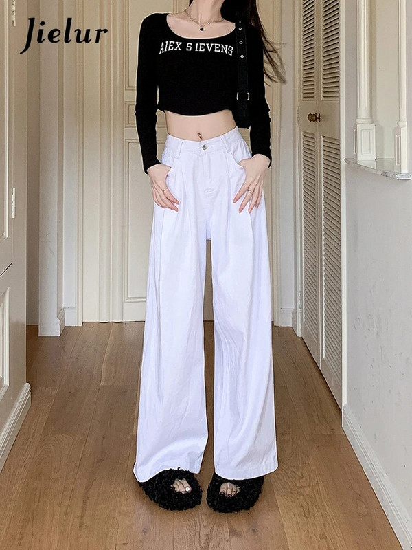 Jielur New Loose High Waist Γυναικεία Τζιν Casual Simple Basic Chicly Jeans Γυναίκα Λευκή μόδα Street Straight Leg Παντελόνι Γυναικείο