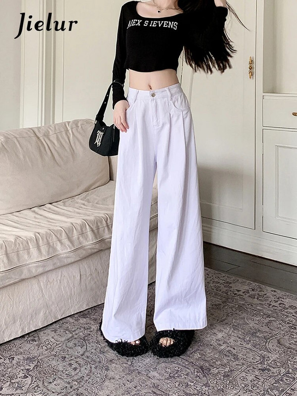 Jielur New Loose High Waist Γυναικεία Τζιν Casual Simple Basic Chicly Jeans Γυναίκα Λευκή μόδα Street Straight Leg Παντελόνι Γυναικείο