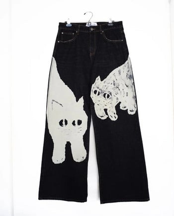 Street Women Retro Fashion Y2K Black Baggy Jeans Hip-Hop Harajuku Cat Print Jeans Punk Ежедневни прави крачоли Широки панталони