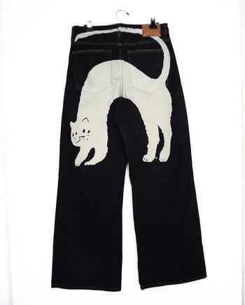 Street Women Retro Fashion Y2K Black Baggy Jeans Hip-Hop Harajuku Cat Print Jeans Punk Ежедневни прави крачоли Широки панталони