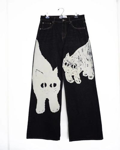 Ulične ženske retro modne Y2K crne široke traperice Hip-hop Harajuku traperice s mačjim printom Punk ležerne ravne hlače širokih nogavica