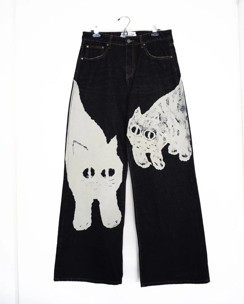 Ulične ženske retro modne Y2K crne široke traperice Hip-hop Harajuku traperice s mačjim printom Punk ležerne ravne hlače širokih nogavica