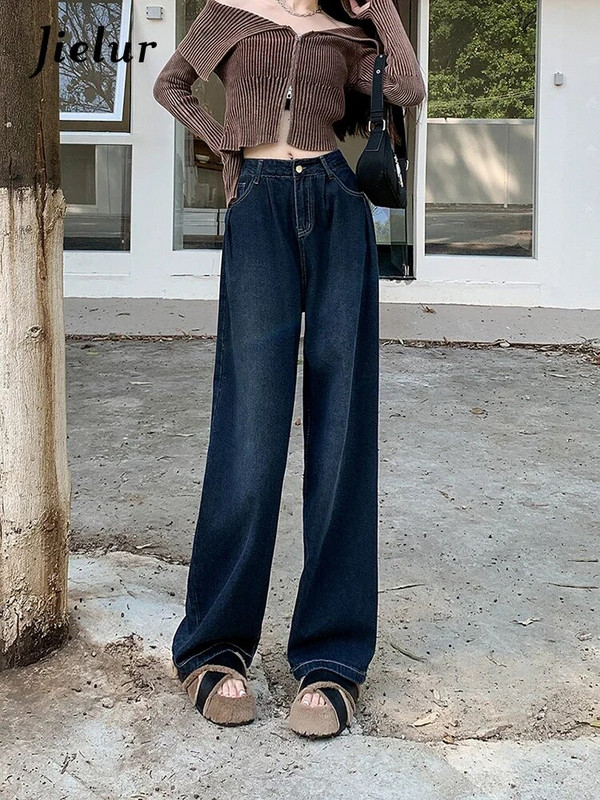 Jielur Jesenske nove vintage uske ženske traperice visokog struka široke hlače ravnih nogavica Ženske modne ulične jednostavne osnovne ženske traperice